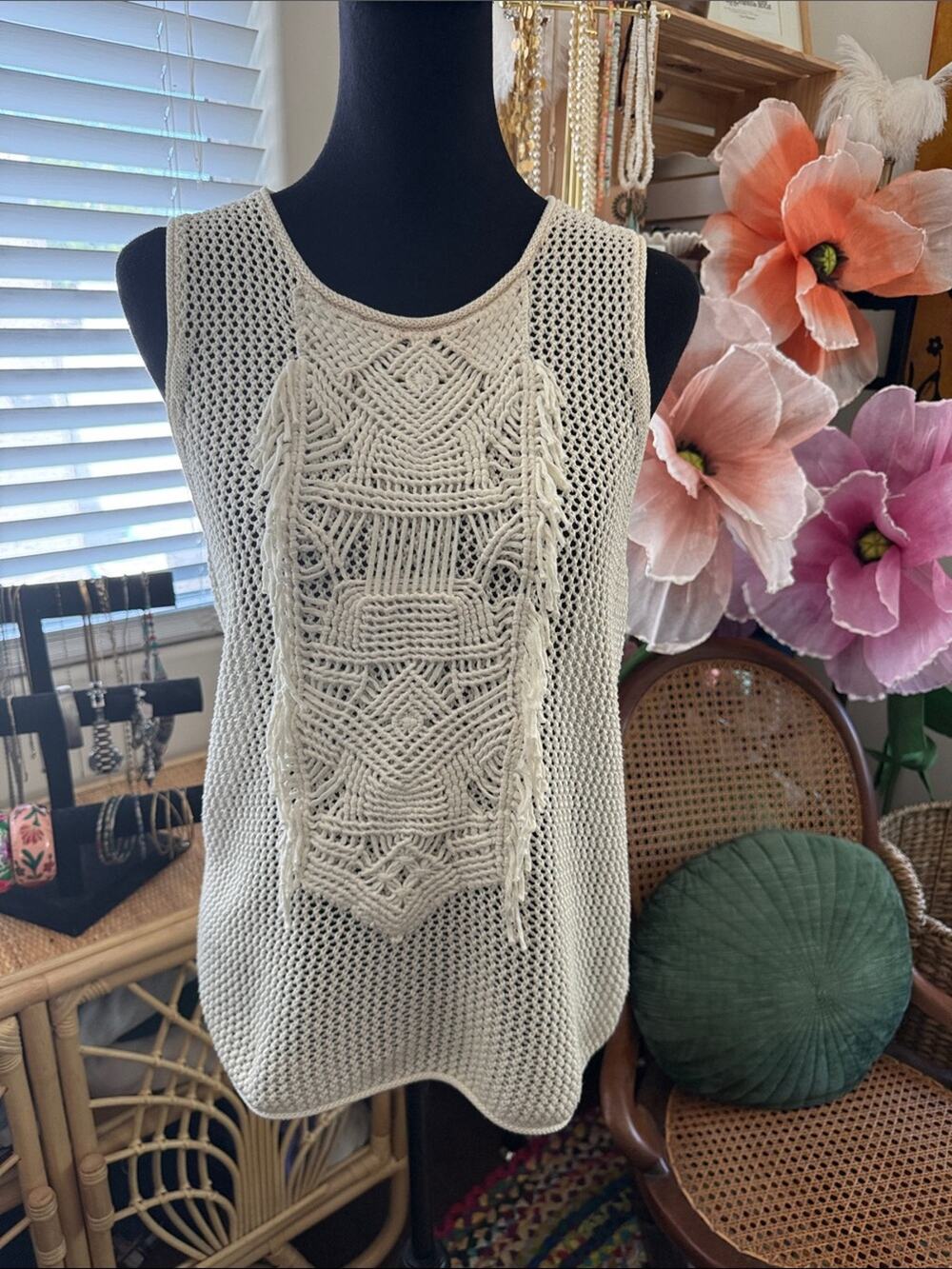 Tess Giberson Anthro Cream Crochet Knit Roll Hem Macrame Boho Hippie Y2K Tank